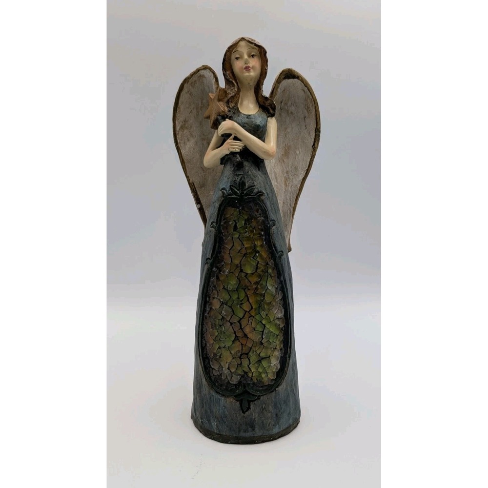 Christmas Holiday Angel Holding Star Blue Resin Mosaic Stained‎ Glass Home Decor